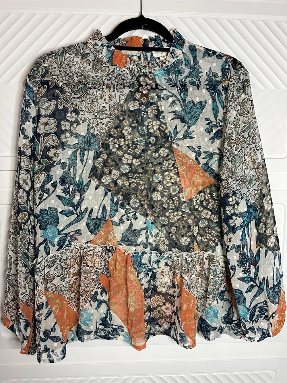 World Market Teal, Orange & Black Floral Patchwork Ruffle Top